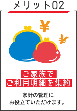 メリット02　ご家族でご利用明細を集約　家計の管理にお役立ていただけます。