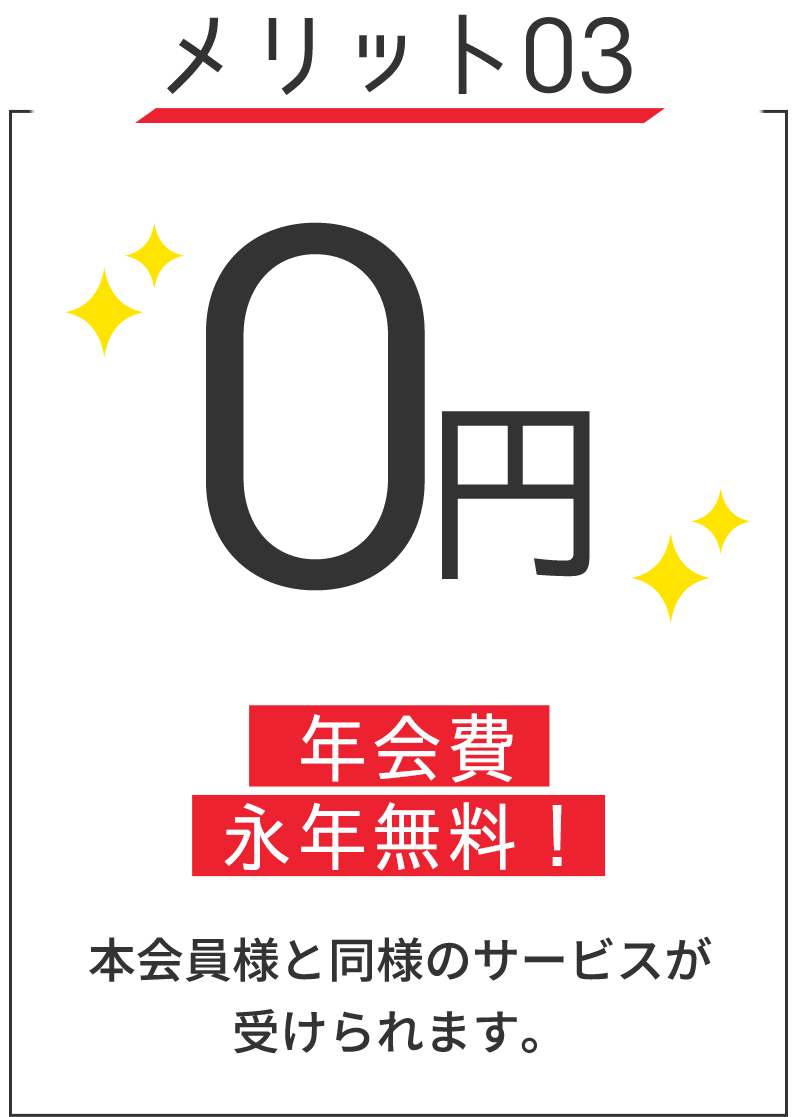 メリット03　年会費永年無料！　本会員様と同様のサービスが受けられます。