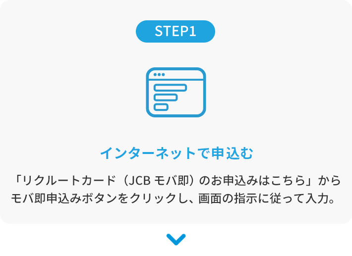 STEP1：インターネットで申し込む。「リクルートカード（JCB モバ即）のお申込みはこちら」からモバ即申込みボタンをクリックし、画面の指示に従って入力。